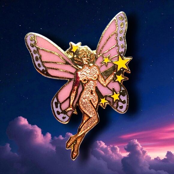 Vintage 1990s Gift Creations Nude Fairy Enamel Pin Pink Wings Stars Fantasy - Picture 1 of 5